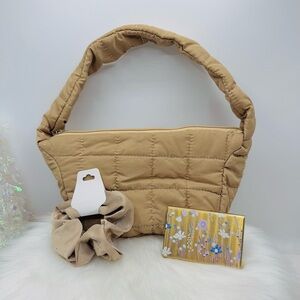 Puffer Quilted Nylon Material Hand Bag in tan with card case wallet Bundle